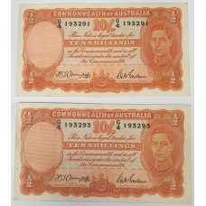 AUSTRALIA 1942 . TEN 10 SHILLINGS BANKNOTES . ALMOST CONSECUTIVE PAIR